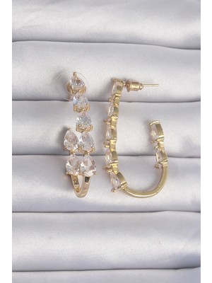 Pileli Store Pirinç Gold Renk Damla Zirkon Taş Tasarımlı Küpe - TJ-BKP9198