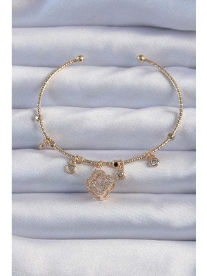 Pileli Store Pirinç Altın Renk Zirkon Taşlı Yonca Model Charm Bileklik - TJ-BB6327