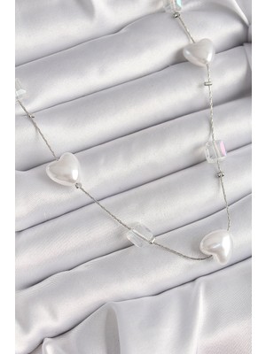 Pileli Store Pirinç Gümüş Renk Beyaz Inci Kalp Model Kadın Kolye - TJ-BKO9624
