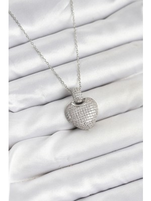Pileli Store 316L Çelik Zincir Gümüş Renk Zirkon Taşlı Kalpli Kadın Kolye - TJ-BKO10606