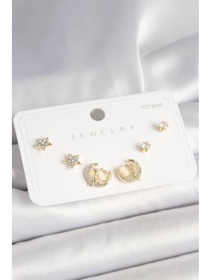 Pileli Store 925 Ayar Gümüş Çivi Zirkon Taşlı Hilal Yıldız Model Kadın Küpe Seti - TJ-BKP10399
