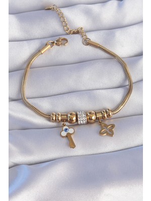 Pileli Store 316L Çelik Gold Renk Zirkon Taşlı Yonca Detay Nazarlı Anahtar Tasarımlı Bileklik - TJ-BB6203