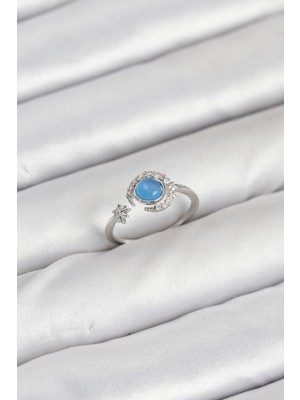 Pileli Store Pirinç Gümüş Renk Zirkon Taşlı Ay Yıldız Kadın Yüzük - TJ-BYK3861