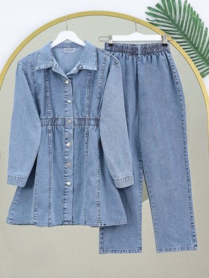 Modamorfo Beli Lastikli Boydan Düğmeli Ceket Pantolon Kot Takım -Buz Mavi