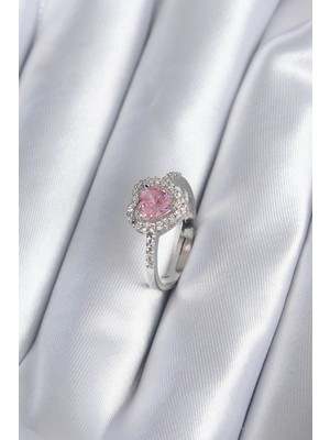 Pileli Store Pirinç Gümüş Renk Pembe Zirkon Taş Kalp Charm Model Kadın Yüzük