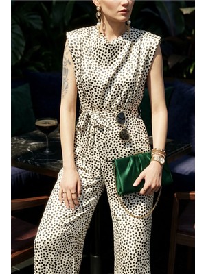 Fashion Cocktail Puantiyeli Zarif Kadın Kolsuz Saten Pantolon Tulum Beyaz