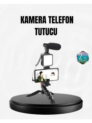 Pileli Store Profesyonel Vlog Çekim Kiti LED Işıklı Tripod Mikrofonlu Telefon Seti