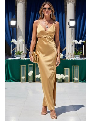 Sırt Çapraz Askılı Pencereli Dekolteli Diz Altı Saten Abiye Kokteyl Gece Elbisesi