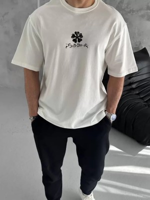 Hobilinka Unisex Bisiklet Yaka Baskılı Oversize T-Shirt - Beyaz
