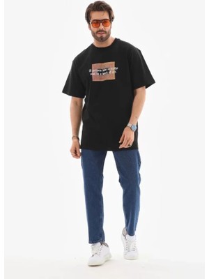 Hobilinka Unisex Bisiklet Yaka Baskılı Oversize T-Shirt - Siyah
