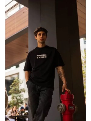 Hobilinka Unisex Bisiklet Yaka Baskılı Oversize T-Shirt - Siyah