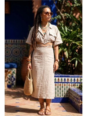 Fashion Cocktail Ham Keten Arka Yırtmaçlı Kalem Etek Derin V Yaka Kısa Kol Krop Bohem Yazlık Takım