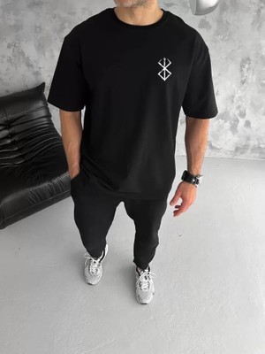 Hobilinka Unisex Bisiklet Yaka Baskılı Oversize T-Shirt - Siyah