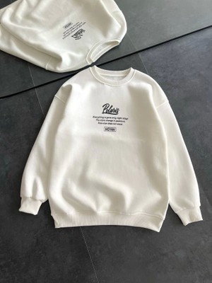 Hobilinka Kışlık Bisiklet Yaka Ön ve Arka Baskılı Sweatshirt - Beyaz
