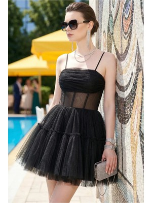 Fashion Cocktail Transparan Tül Bel Kabarık Etekli Askılı Mezuniyet Abiye Elbise Siyah