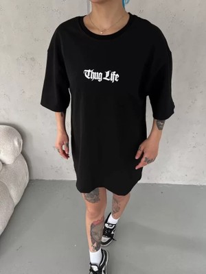 Hobilinka Unisex Bisiklet Yaka Baskılı Oversize T-Shirt - Siyah