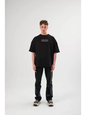 Hobilinka Unisex Bisiklet Yaka Baskılı Oversize T-Shirt - Siyah