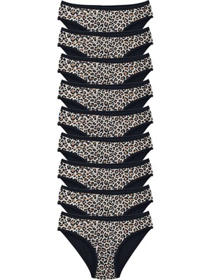 Pileli Store 9 Adet Leopar Desenli Likralı Yumuşak Dokulu Kadın Slip Külot