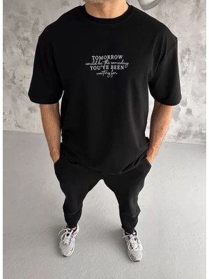 Hobilinka Unisex Bisiklet Yaka Baskılı Oversize T-Shirt - Siyah