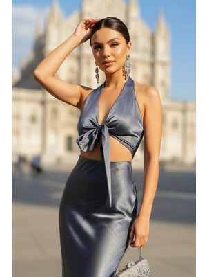 Fashion Cocktail Önden Bağlama Crop Parlak Saten Dizaltı Etek Takım
