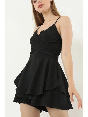 Fashion Cocktail Skater Kokteyl Volanlı Askılı Kabarık Etek Fermuarlı Mini Esnek Şort Tulum Siyah