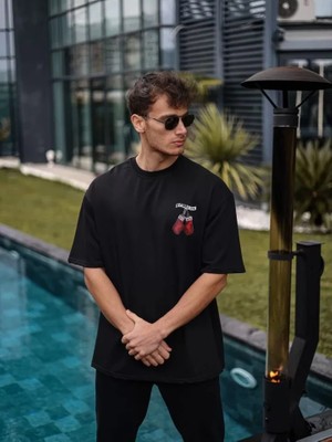 Hobilinka Unisex Bisiklet Yaka Baskılı Oversize T-Shirt - Siyah