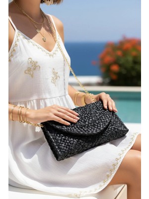 Fashion Cocktail Portföy Astarlı Ithal Makine Örgüsü Örgü Hasır Zincir Askılı Yazlık Tatil Kadın Çanta