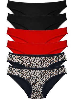 Pileli Store 6 Adet Özel Set Likralı Yumuşak Dokulu Kadın Slip Külot Leopar Siyah Kırmızı