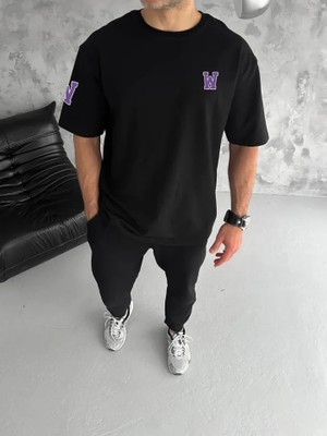 Hobilinka Unisex Bisiklet Yaka Baskılı Oversize T-Shirt - Siyah