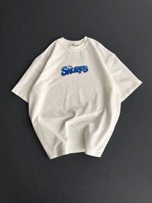 Hobilinka Ön ve Arka Baskılı Oversize Bisiklet Yaka T-Shirt- Beyaz