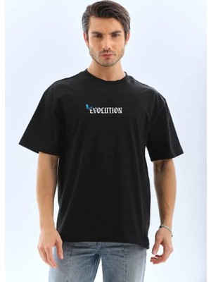 Hobilinka Unisex Bisiklet Yaka Baskılı Oversize T-Shirt - Siyah