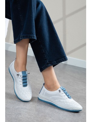 Alpelli Kadın Hakiki Deri Desenli Hafif Taban Rahat Beyaz-Mavi Casual Kadın Günlük Ayakkabı