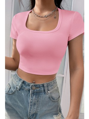 Gecem Giyim Kadın Pembe Yarım Kol Düz Yaka Crop Top Bluz