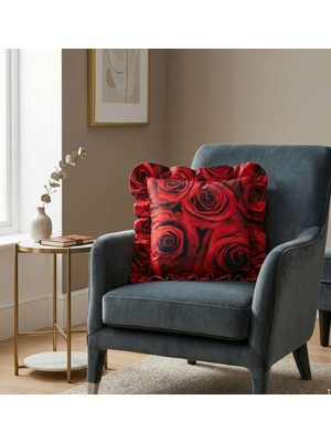 Fırfırlı Kırlent  Kılıfı - Dijital Pamuk Saten