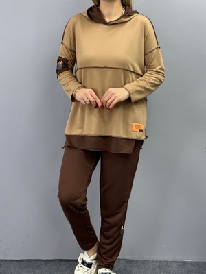 Modaurul Kadın Kahve Kapşonlu Etek Ucu Detay Arma Ters Dikiş Gorunumlu Ikili Takım