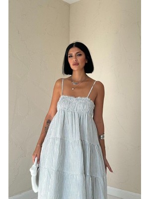 Modaurul Mavi Askılı Parçalı Çizgili Müslin Elbise