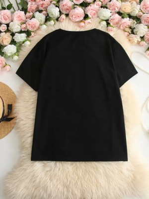 Modaurul Baskılı Oversize Bisiklet Yaka T-Shirt - Siyah