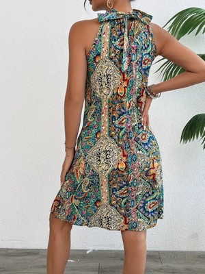 Modaurul Kadın Sıfır Kol Boyundan Askılı Desenli Midi Süprem Elbise