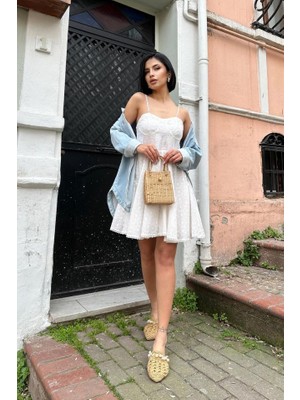 Modaurul Beyaz Askılı Fisto Mini Elbise