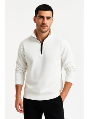 Modaurul Erkek Dik Yaka Sweatshirt Dik Yaka Yarım Fermuarlı 3 Iplik Şardonlu Pamuk Kumaş - Beyaz