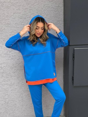 Modaurul Kadın Indigo Kapşonlu Etek Ucu Detay Arma Ters Dikiş Gorunumlu Ikili Takım