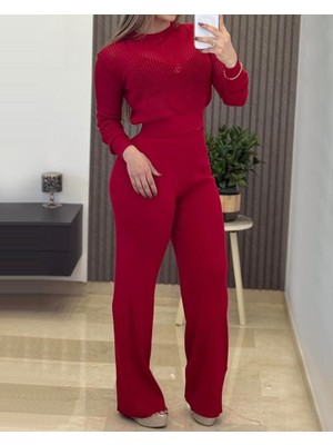 Modaurul Kadın Uzun Kollu Yuvarlak Yaka Transparan Detaylı Triko Bluz ve Pantolon Ikili Takım