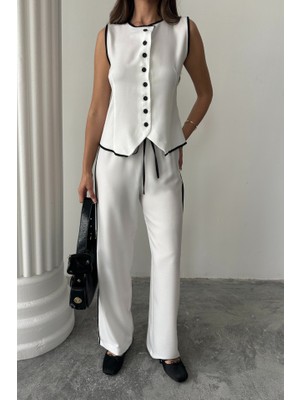 Modaurul Keten Kenarları Biyeli Yelek - Pantolon Takım - Beyaz