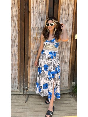 Modaurul Kadın Ip Askılı V Yakalı Bel Güpür Çiçek Desenli Yandan Yırtmaçlı Maksi Süprem Elbise