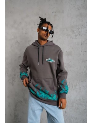 Modaurul Erkek Üç Iplik Içi Pamuklu Alev Baskılı Kapüşonlu Sweatshirt - Gri