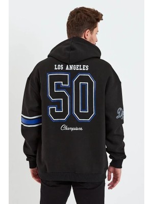 Modaurul Erkek Baskılı Kapşonlu Üç Iplik Oversize Sweatshirt - Siyah