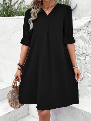 Modaurul Kadın Kısa Kollu V Yakalı Salaş Janjan Krep Elbise