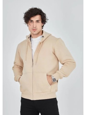 Modaurul Unisex Tam Fermuarlı Kapşonlu  Sweatshirt - Bej