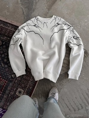 Modaurul Yıldırım Baskılı Bisiklet Yaka Sweatshirt - Beyaz