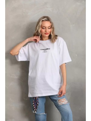 Modaurul Unisex Baskılı Oversize T-Shirt - Beyaz